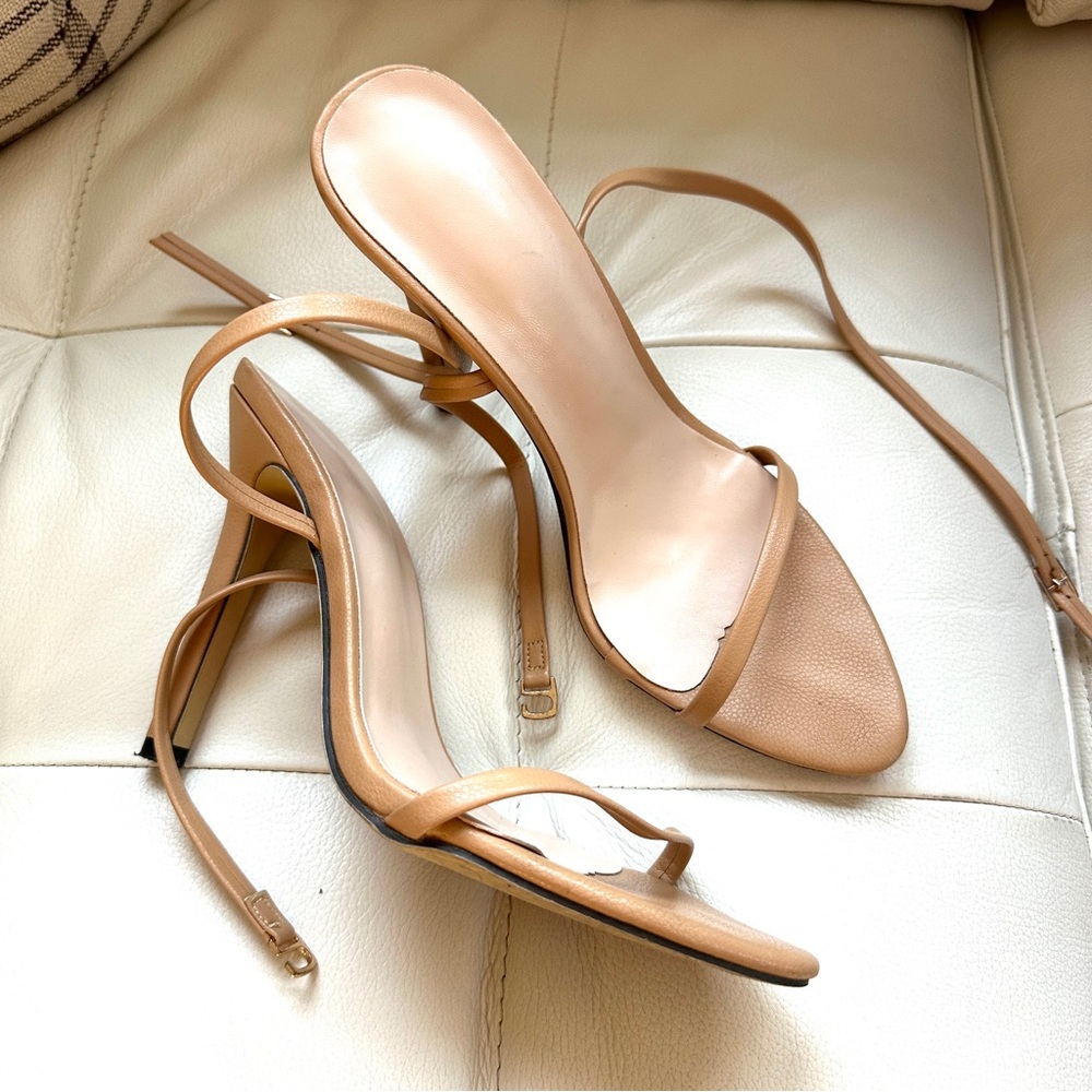 Nude Strappy Heeled Sandals – Minimalist Ankle Strap Heel – Tan Open Toe